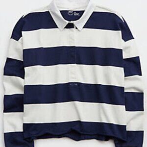 Aerie Sporty Prep Rugby Polo - Navy & White Striped - Size XS (oversized fit)